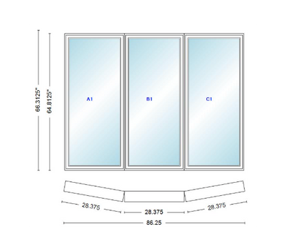 Andersen 400 Series 3 Wide Casement Bow Window 86 1/4" Wide Fixed Casement With Casement Flankers 10 Degree Angle Of Deflection Vinyl Exterior Wood Interior Low-E4 Dual Pane Argon Gas