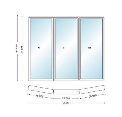 Andersen 400 Series 3 Wide Casement Bow Window 86 1/4" Wide Fixed Casement With Casement Flankers 10 Degree Angle Of Deflection Vinyl Exterior Wood Interior Low-E4 Dual Pane Argon Gas