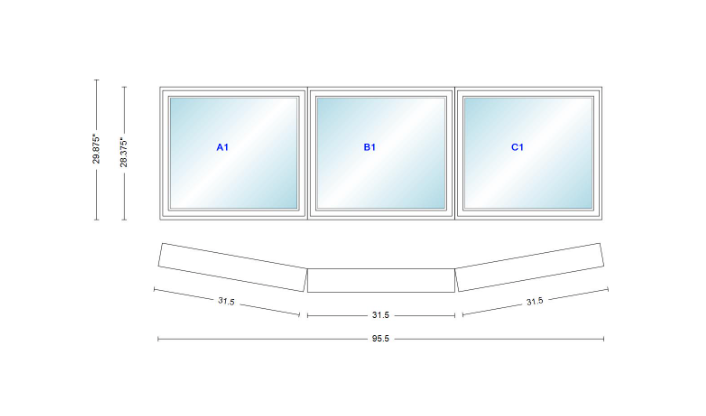 Andersen 400 Series 3 Wide Casement Bow Window 95 1/2" Wide  Fixed Casement With Casement Flankers 10 Degree Angle Of Deflection Vinyl Exterior Wood Interior Low-E4 Dual Pane Argon Gas