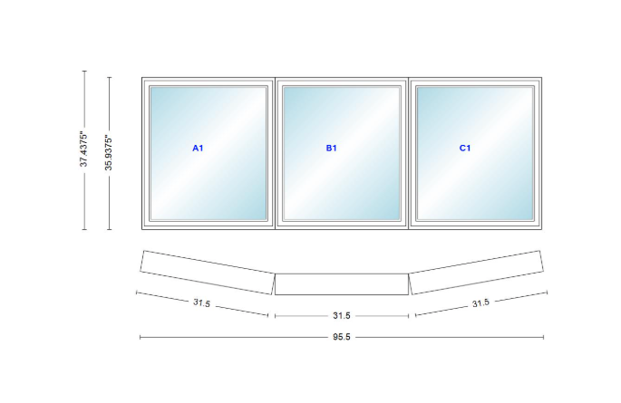 Andersen 400 Series 3 Wide Casement Bow Window 95 1/2" Wide  Fixed Casement With Casement Flankers 10 Degree Angle Of Deflection Vinyl Exterior Wood Interior Low-E4 Dual Pane Argon Gas