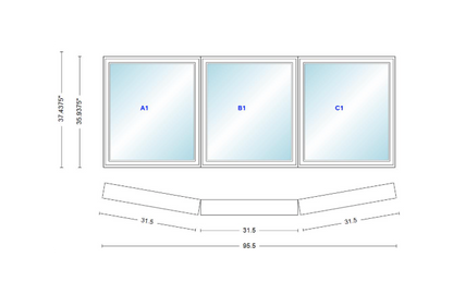 Andersen 400 Series 3 Wide Casement Bow Window 95 1/2" Wide  Fixed Casement With Casement Flankers 10 Degree Angle Of Deflection Vinyl Exterior Wood Interior Low-E4 Dual Pane Argon Gas
