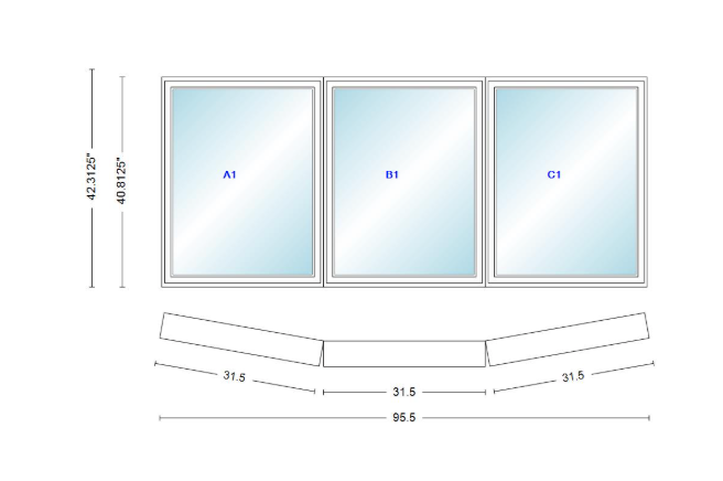 Andersen 400 Series 3 Wide Casement Bow Window 95 1/2" Wide  Fixed Casement With Casement Flankers 10 Degree Angle Of Deflection Vinyl Exterior Wood Interior Low-E4 Dual Pane Argon Gas