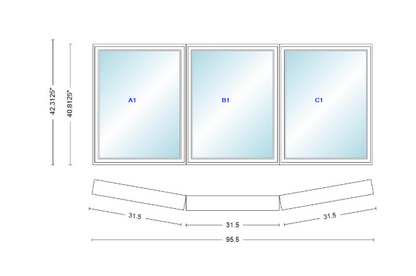 Andersen 400 Series 3 Wide Casement Bow Window 95 1/2" Wide  Fixed Casement With Casement Flankers 10 Degree Angle Of Deflection Vinyl Exterior Wood Interior Low-E4 Dual Pane Argon Gas