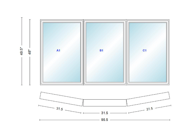 Andersen 400 Series 3 Wide Casement Bow Window 95 1/2" Wide  Fixed Casement With Casement Flankers 10 Degree Angle Of Deflection Vinyl Exterior Wood Interior Low-E4 Dual Pane Argon Gas