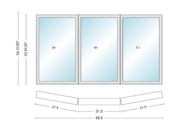 Andersen 400 Series 3 Wide Casement Bow Window 95 1/2" Wide  Fixed Casement With Casement Flankers 10 Degree Angle Of Deflection Vinyl Exterior Wood Interior Low-E4 Dual Pane Argon Gas