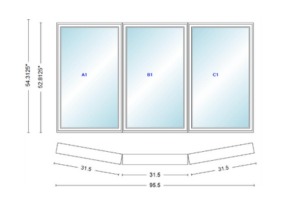 Andersen 400 Series 3 Wide Casement Bow Window 95 1/2" Wide  Fixed Casement With Casement Flankers 10 Degree Angle Of Deflection Vinyl Exterior Wood Interior Low-E4 Dual Pane Argon Gas