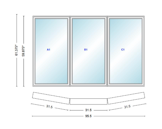 Andersen 400 Series 3 Wide Casement Bow Window 95 1/2" Wide  Fixed Casement With Casement Flankers 10 Degree Angle Of Deflection Vinyl Exterior Wood Interior Low-E4 Dual Pane Argon Gas