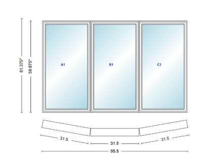 Andersen 400 Series 3 Wide Casement Bow Window 95 1/2" Wide  Fixed Casement With Casement Flankers 10 Degree Angle Of Deflection Vinyl Exterior Wood Interior Low-E4 Dual Pane Argon Gas