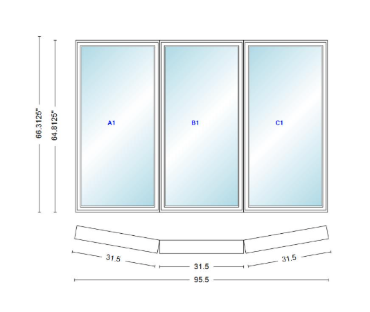 Andersen 400 Series 3 Wide Casement Bow Window 95 1/2" Wide  Fixed Casement With Casement Flankers 10 Degree Angle Of Deflection Vinyl Exterior Wood Interior Low-E4 Dual Pane Argon Gas