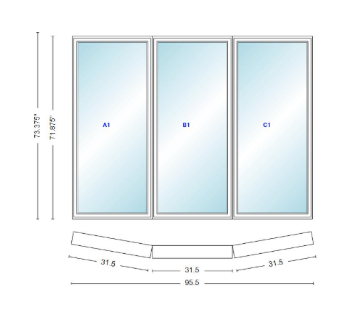 Andersen 400 Series 3 Wide Casement Bow Window 95 1/2" Wide  Fixed Casement With Casement Flankers 10 Degree Angle Of Deflection Vinyl Exterior Wood Interior Low-E4 Dual Pane Argon Gas