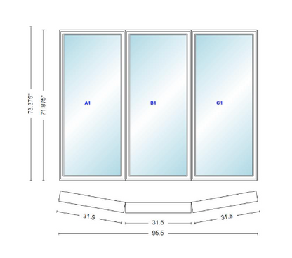 Andersen 400 Series 3 Wide Casement Bow Window 95 1/2" Wide  Fixed Casement With Casement Flankers 10 Degree Angle Of Deflection Vinyl Exterior Wood Interior Low-E4 Dual Pane Argon Gas