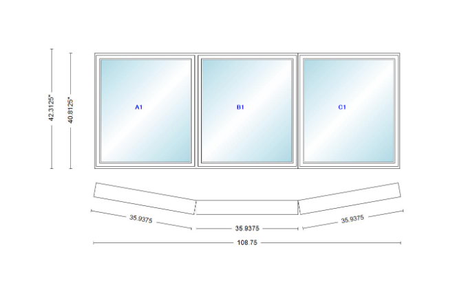 Andersen 400 Series 3 Wide Casement Bow Window 108 3/4" Wide Fixed Casement With Casement Flankers 10 Degree Angle Of Deflection Vinyl Exterior Wood Interior Low-E4 Dual Pane Argon Gas