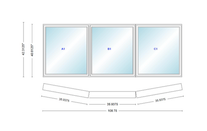 Andersen 400 Series 3 Wide Casement Bow Window 108 3/4" Wide Fixed Casement With Casement Flankers 10 Degree Angle Of Deflection Vinyl Exterior Wood Interior Low-E4 Dual Pane Argon Gas