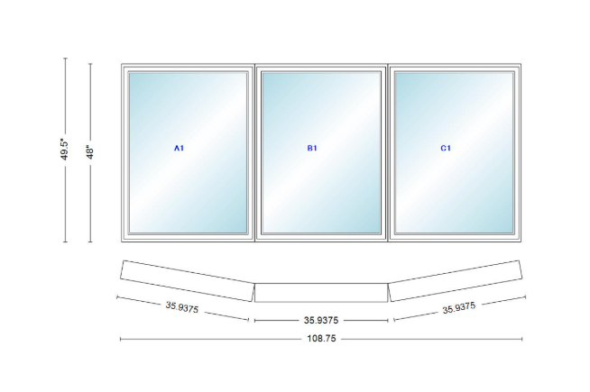 Andersen 400 Series 3 Wide Casement Bow Window 108 3/4" Wide Fixed Casement With Casement Flankers 10 Degree Angle Of Deflection Vinyl Exterior Wood Interior Low-E4 Dual Pane Argon Gas