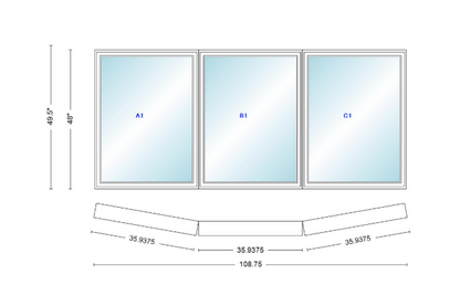 Andersen 400 Series 3 Wide Casement Bow Window 108 3/4" Wide Fixed Casement With Casement Flankers 10 Degree Angle Of Deflection Vinyl Exterior Wood Interior Low-E4 Dual Pane Argon Gas