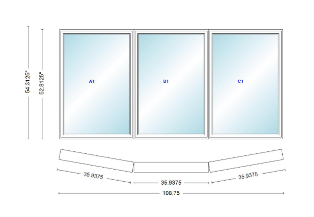 Andersen 400 Series 3 Wide Casement Bow Window 108 3/4" Wide Fixed Casement With Casement Flankers 10 Degree Angle Of Deflection Vinyl Exterior Wood Interior Low-E4 Dual Pane Argon Gas