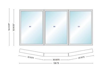 Andersen 400 Series 3 Wide Casement Bow Window 108 3/4" Wide Fixed Casement With Casement Flankers 10 Degree Angle Of Deflection Vinyl Exterior Wood Interior Low-E4 Dual Pane Argon Gas