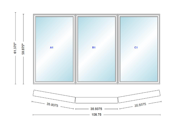 Andersen 400 Series 3 Wide Casement Bow Window 108 3/4" Wide Fixed Casement With Casement Flankers 10 Degree Angle Of Deflection Vinyl Exterior Wood Interior Low-E4 Dual Pane Argon Gas