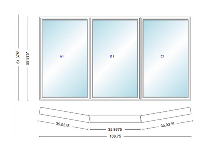 Andersen 400 Series 3 Wide Casement Bow Window 108 3/4" Wide Fixed Casement With Casement Flankers 10 Degree Angle Of Deflection Vinyl Exterior Wood Interior Low-E4 Dual Pane Argon Gas