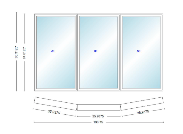 Andersen 400 Series 3 Wide Casement Bow Window 108 3/4" Wide Fixed Casement With Casement Flankers 10 Degree Angle Of Deflection Vinyl Exterior Wood Interior Low-E4 Dual Pane Argon Gas