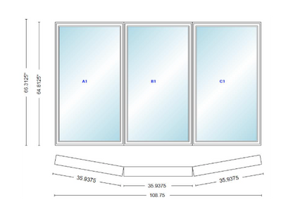 Andersen 400 Series 3 Wide Casement Bow Window 108 3/4" Wide Fixed Casement With Casement Flankers 10 Degree Angle Of Deflection Vinyl Exterior Wood Interior Low-E4 Dual Pane Argon Gas