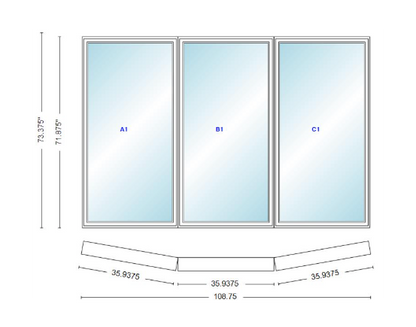 Andersen 400 Series 3 Wide Casement Bow Window 108 3/4" Wide Fixed Casement With Casement Flankers 10 Degree Angle Of Deflection Vinyl Exterior Wood Interior Low-E4 Dual Pane Argon Gas