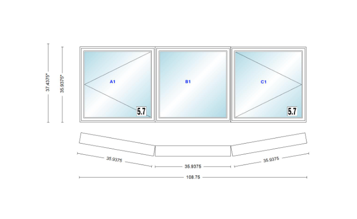 Andersen 400 Series 3 Wide Casement Bow Window 108 3/4" Wide Fixed Casement With Casement Flankers 10 Degree Angle Of Deflection Vinyl Exterior Wood Interior Low-E4 Dual Pane Argon Gas
