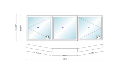 Andersen 400 Series 3 Wide Casement Bow Window 108 3/4" Wide Fixed Casement With Casement Flankers 10 Degree Angle Of Deflection Vinyl Exterior Wood Interior Low-E4 Dual Pane Argon Gas