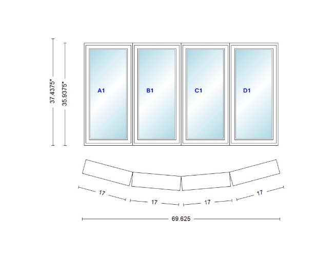 Andersen 400 Series 4 Wide Casement Bow Window 69 5/8" Wide Casements With Fixed Casement Flankers 10 Degree Angle Of Deflection Vinyl Exterior Wood Interior Low-E4 Dual Pane Argon Gas