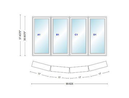 Andersen 400 Series 4 Wide Casement Bow Window 69 5/8" Wide Casements With Fixed Casement Flankers 10 Degree Angle Of Deflection Vinyl Exterior Wood Interior Low-E4 Dual Pane Argon Gas