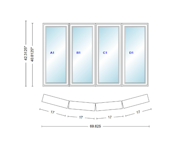 Andersen 400 Series 4 Wide Casement Bow Window 69 5/8" Wide Casements With Fixed Casement Flankers 10 Degree Angle Of Deflection Vinyl Exterior Wood Interior Low-E4 Dual Pane Argon Gas