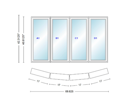 Andersen 400 Series 4 Wide Casement Bow Window 69 5/8" Wide Casements With Fixed Casement Flankers 10 Degree Angle Of Deflection Vinyl Exterior Wood Interior Low-E4 Dual Pane Argon Gas