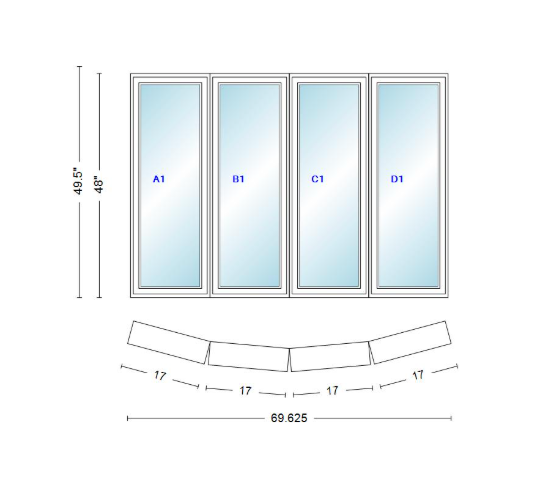 Andersen 400 Series 4 Wide Casement Bow Window 69 5/8" Wide Casements With Fixed Casement Flankers 10 Degree Angle Of Deflection Vinyl Exterior Wood Interior Low-E4 Dual Pane Argon Gas