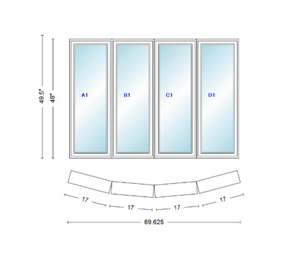 Andersen 400 Series 4 Wide Casement Bow Window 69 5/8" Wide Casements With Fixed Casement Flankers 10 Degree Angle Of Deflection Vinyl Exterior Wood Interior Low-E4 Dual Pane Argon Gas