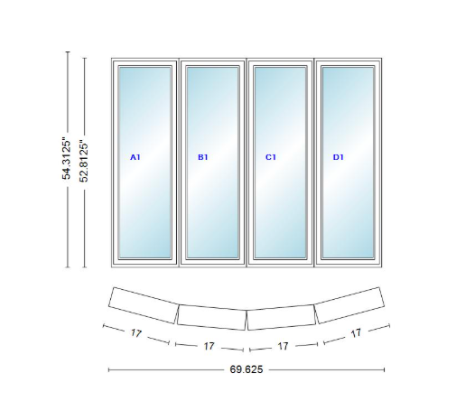 Andersen 400 Series 4 Wide Casement Bow Window 69 5/8" Wide Casements With Fixed Casement Flankers 10 Degree Angle Of Deflection Vinyl Exterior Wood Interior Low-E4 Dual Pane Argon Gas