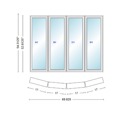Andersen 400 Series 4 Wide Casement Bow Window 69 5/8" Wide Casements With Fixed Casement Flankers 10 Degree Angle Of Deflection Vinyl Exterior Wood Interior Low-E4 Dual Pane Argon Gas