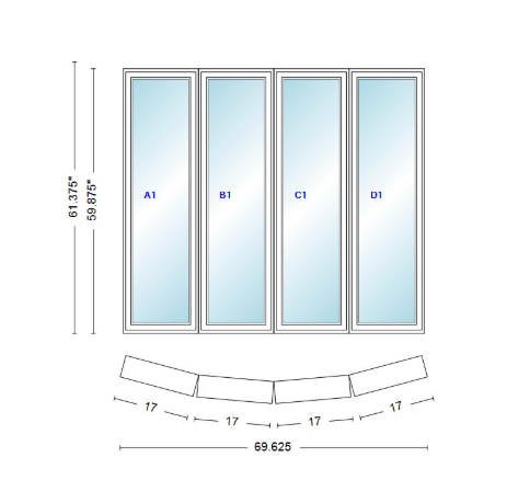 Andersen 400 Series 4 Wide Casement Bow Window 69 5/8" Wide Casements With Fixed Casement Flankers 10 Degree Angle Of Deflection Vinyl Exterior Wood Interior Low-E4 Dual Pane Argon Gas