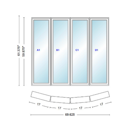 Andersen 400 Series 4 Wide Casement Bow Window 69 5/8" Wide Casements With Fixed Casement Flankers 10 Degree Angle Of Deflection Vinyl Exterior Wood Interior Low-E4 Dual Pane Argon Gas