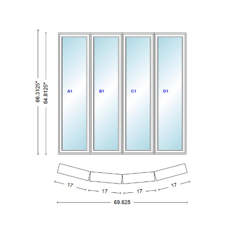 Andersen 400 Series 4 Wide Casement Bow Window 69 5/8" Wide Casements With Fixed Casement Flankers 10 Degree Angle Of Deflection Vinyl Exterior Wood Interior Low-E4 Dual Pane Argon Gas