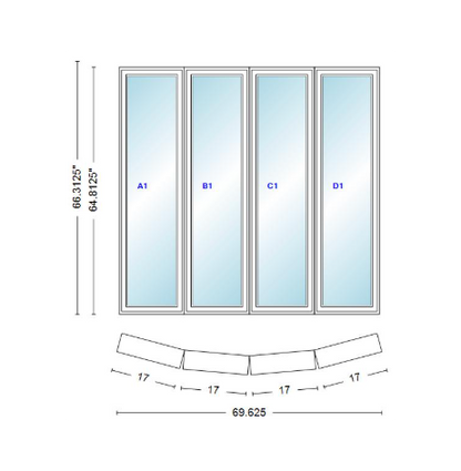 Andersen 400 Series 4 Wide Casement Bow Window 69 5/8" Wide Casements With Fixed Casement Flankers 10 Degree Angle Of Deflection Vinyl Exterior Wood Interior Low-E4 Dual Pane Argon Gas