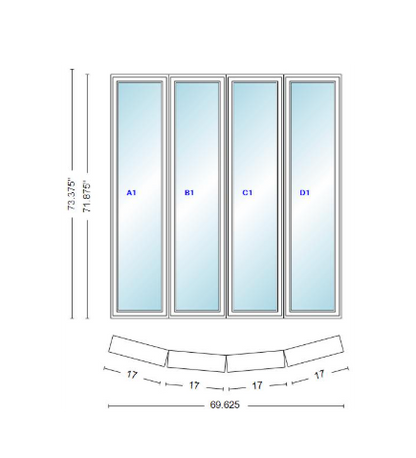 Andersen 400 Series 4 Wide Casement Bow Window 69 5/8" Wide Casements With Fixed Casement Flankers 10 Degree Angle Of Deflection Vinyl Exterior Wood Interior Low-E4 Dual Pane Argon Gas