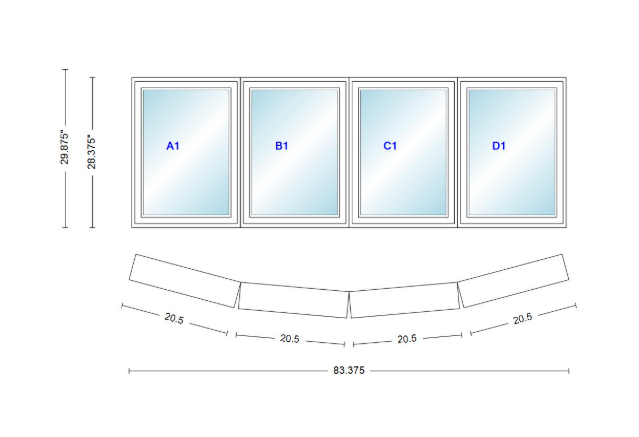 Andersen 400 Series 4 Wide Casement Bow Window 83 3/8" Wide Casements With Fixed Casement Flankers 10 Degree Angle Of Deflection Vinyl Exterior Wood Interior Low-E4 Dual Pane Argon Gas