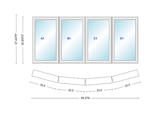 Andersen 400 Series 4 Wide Casement Bow Window 83 3/8" Wide Casements With Fixed Casement Flankers 10 Degree Angle Of Deflection Vinyl Exterior Wood Interior Low-E4 Dual Pane Argon Gas