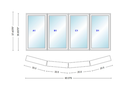 Andersen 400 Series 4 Wide Casement Bow Window 83 3/8" Wide Casements With Fixed Casement Flankers 10 Degree Angle Of Deflection Vinyl Exterior Wood Interior Low-E4 Dual Pane Argon Gas