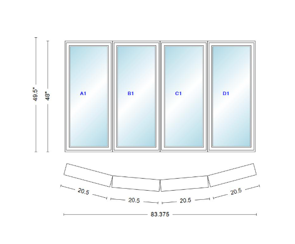 Andersen 400 Series 4 Wide Casement Bow Window 83 3/8" Wide Casements With Fixed Casement Flankers 10 Degree Angle Of Deflection Vinyl Exterior Wood Interior Low-E4 Dual Pane Argon Gas