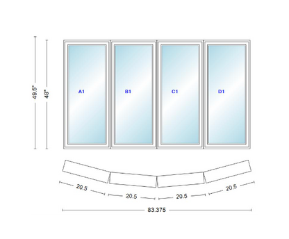 Andersen 400 Series 4 Wide Casement Bow Window 83 3/8" Wide Casements With Fixed Casement Flankers 10 Degree Angle Of Deflection Vinyl Exterior Wood Interior Low-E4 Dual Pane Argon Gas