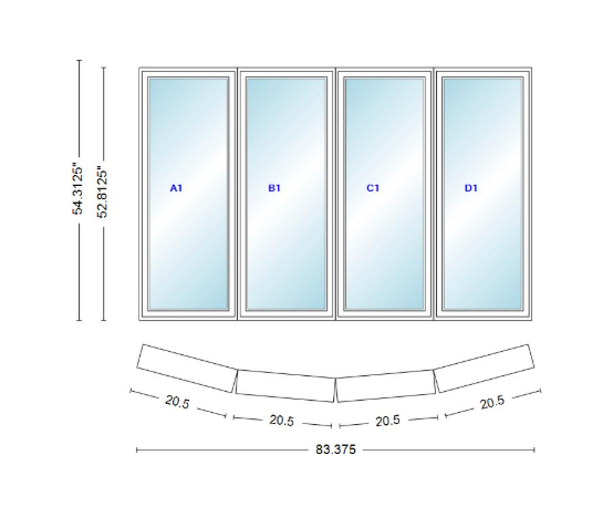 Andersen 400 Series 4 Wide Casement Bow Window 83 3/8" Wide Casements With Fixed Casement Flankers 10 Degree Angle Of Deflection Vinyl Exterior Wood Interior Low-E4 Dual Pane Argon Gas
