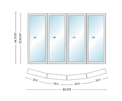 Andersen 400 Series 4 Wide Casement Bow Window 83 3/8" Wide Casements With Fixed Casement Flankers 10 Degree Angle Of Deflection Vinyl Exterior Wood Interior Low-E4 Dual Pane Argon Gas