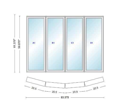 Andersen 400 Series 4 Wide Casement Bow Window 83 3/8" Wide Casements With Fixed Casement Flankers 10 Degree Angle Of Deflection Vinyl Exterior Wood Interior Low-E4 Dual Pane Argon Gas