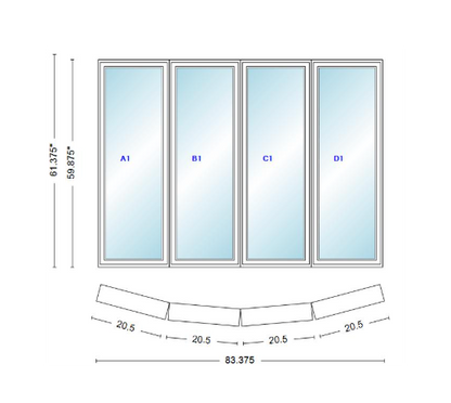 Andersen 400 Series 4 Wide Casement Bow Window 83 3/8" Wide Casements With Fixed Casement Flankers 10 Degree Angle Of Deflection Vinyl Exterior Wood Interior Low-E4 Dual Pane Argon Gas